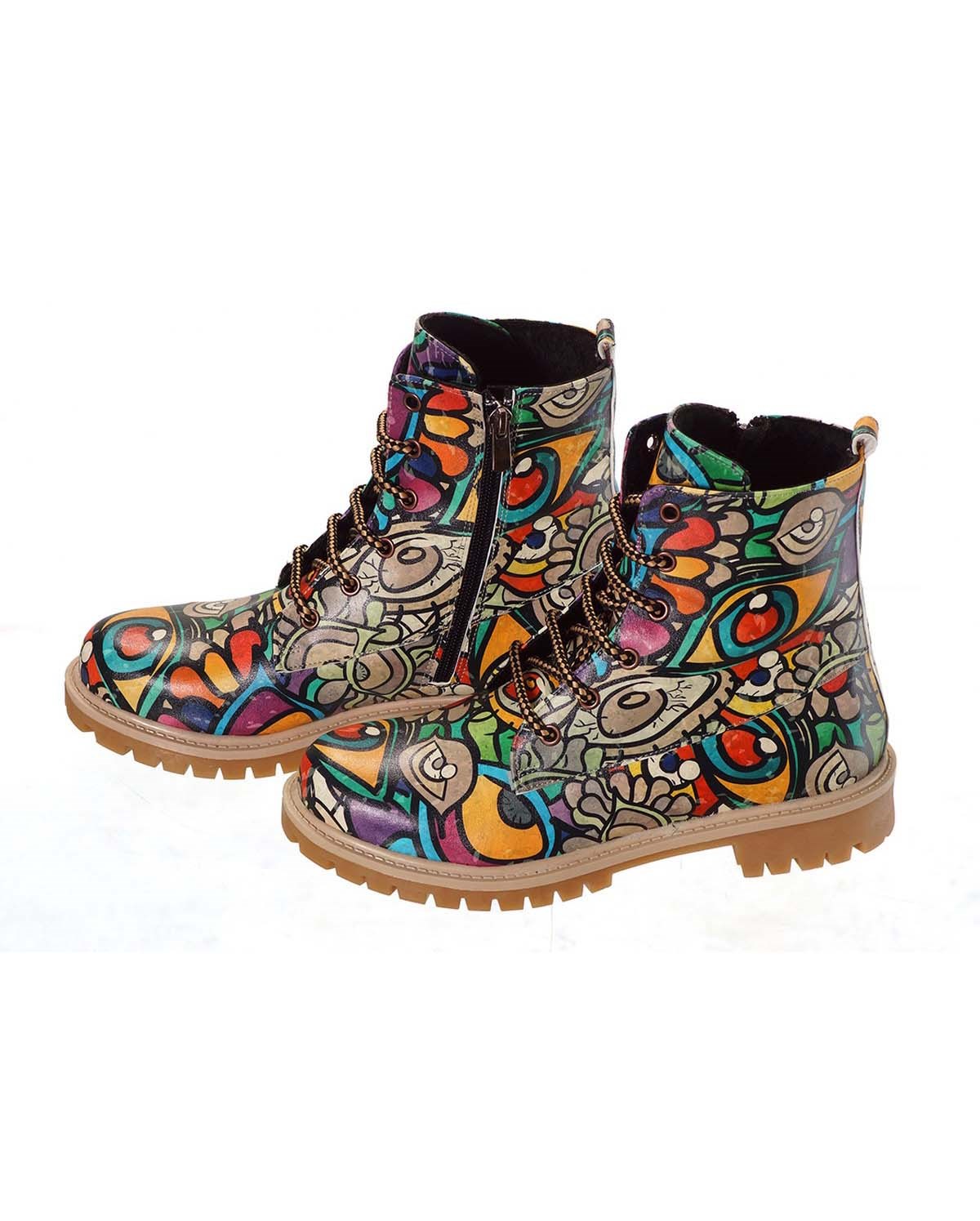 Printed Colorful Eyes Pattern Lace-Up Women's Short Boots