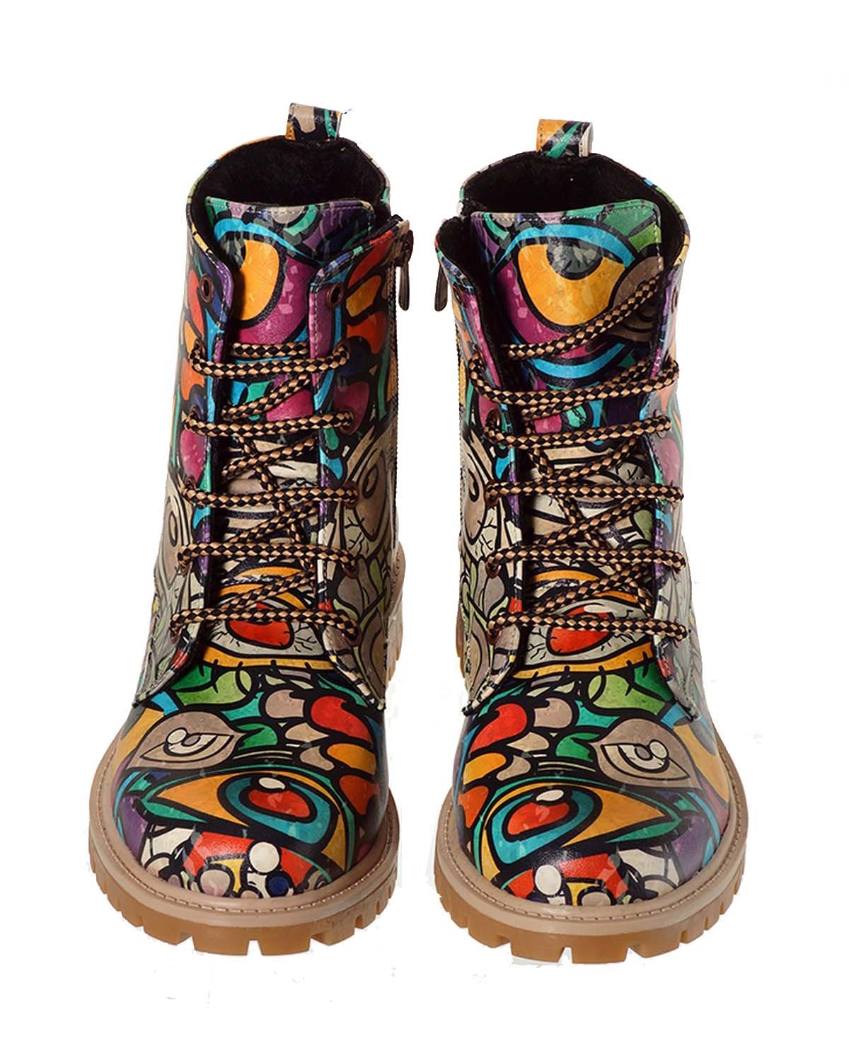 Printed Colorful Eyes Pattern Lace-Up Women's Short Boots
