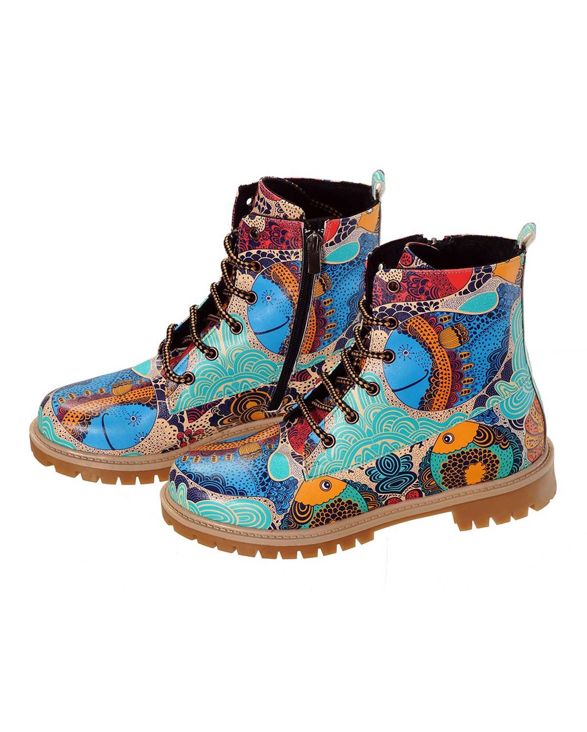 Printed Fish Pattern Lace-Up Women's Short Boots