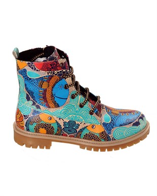 Printed Fish Pattern Lace-Up Women's Short Boots