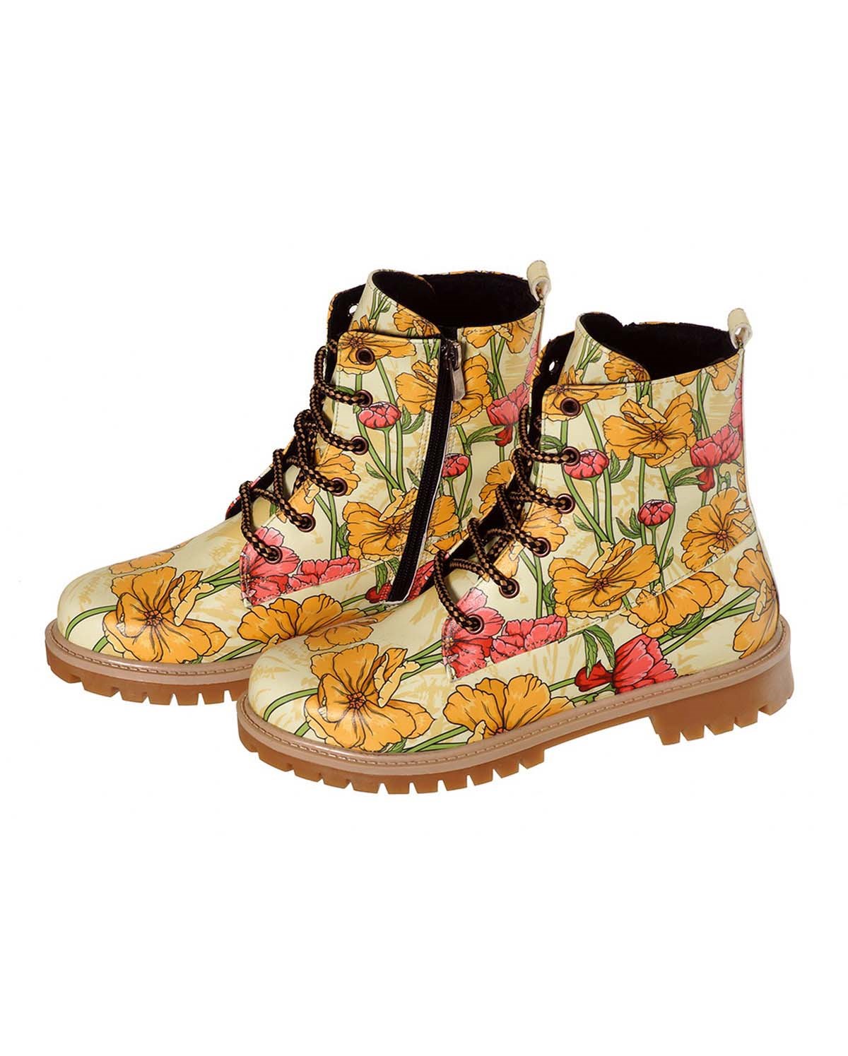 Yellow Floral Floral Pattern Lace-Up Women's Short Boots