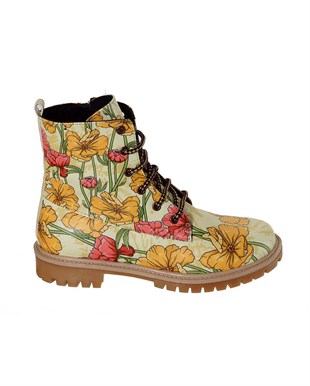 Yellow Floral Floral Pattern Lace-Up Women's Short Boots