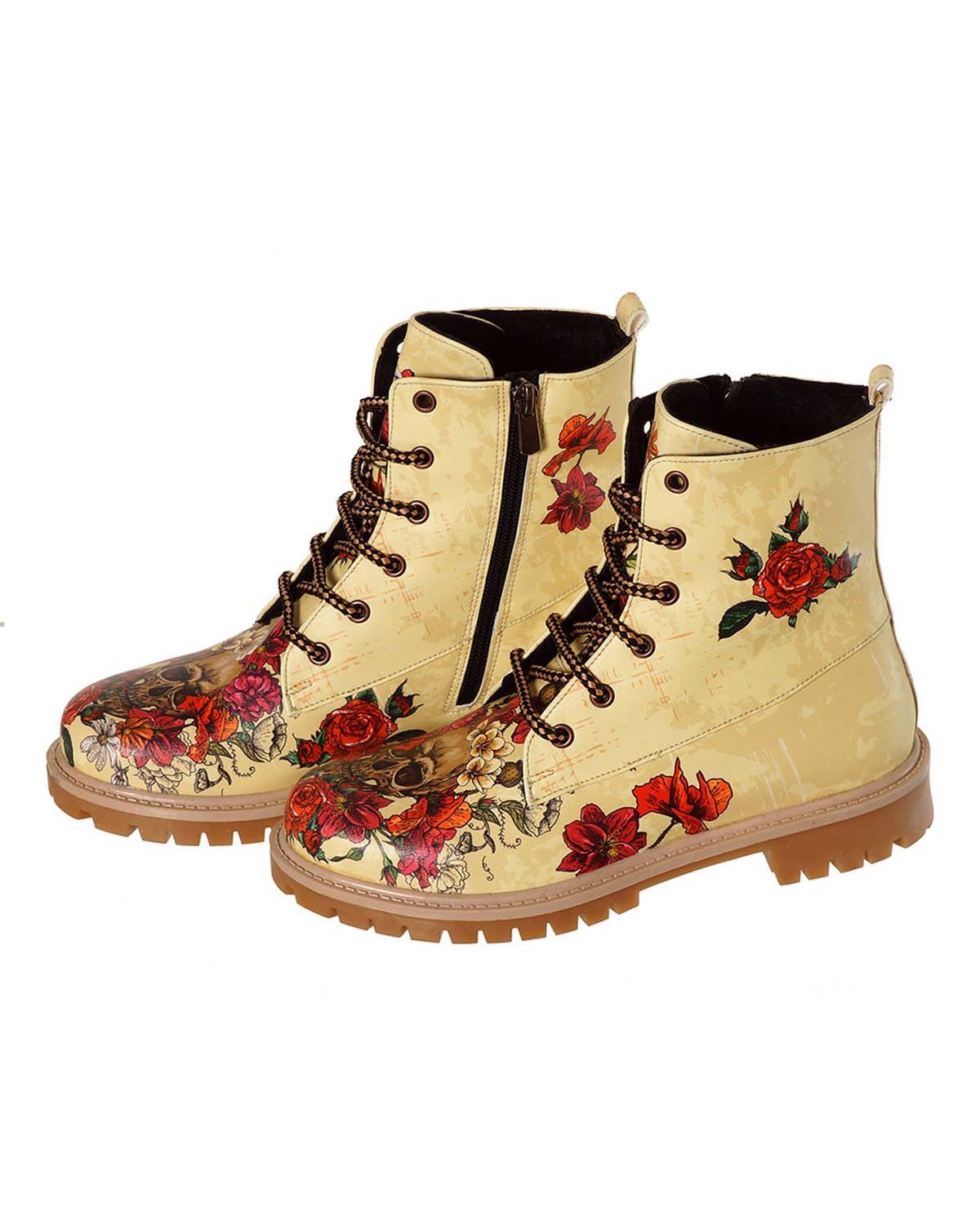 Printed Skull Pattern Lace-Up Women's Short Boots