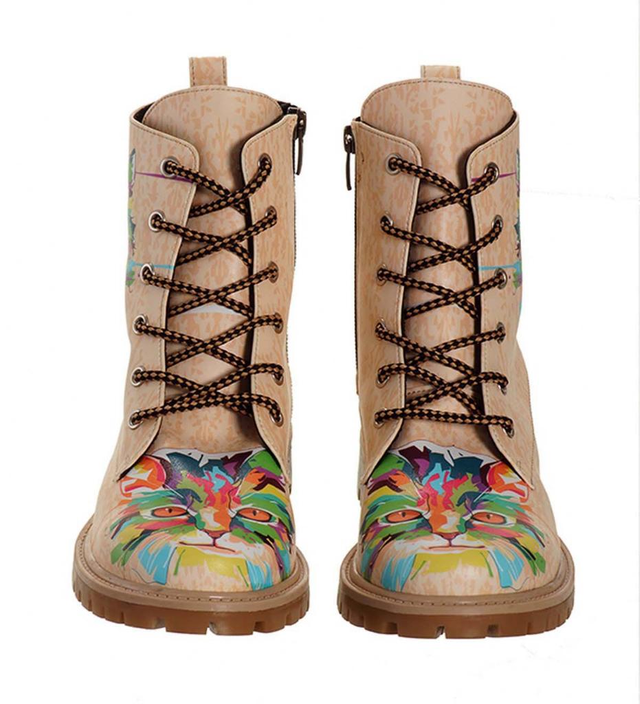 Colorful Cat Pattern Lace-Up Women's Short Boots