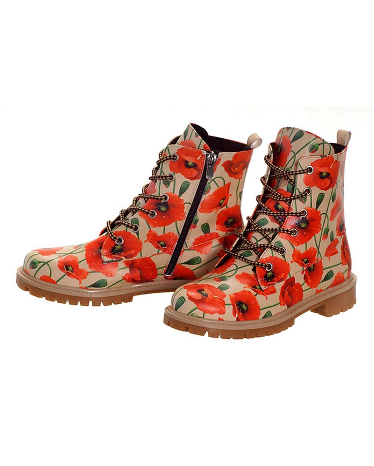 Poppy Flower Pattern Lace-Up Women's Short Boots