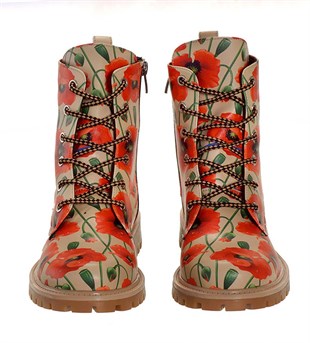 Poppy Flower Pattern Lace-Up Women's Short Boots