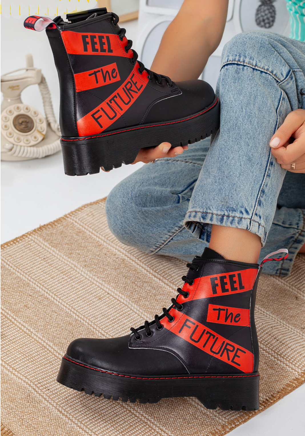 Black Feel Future Red Inscription High Base Ankle Boots