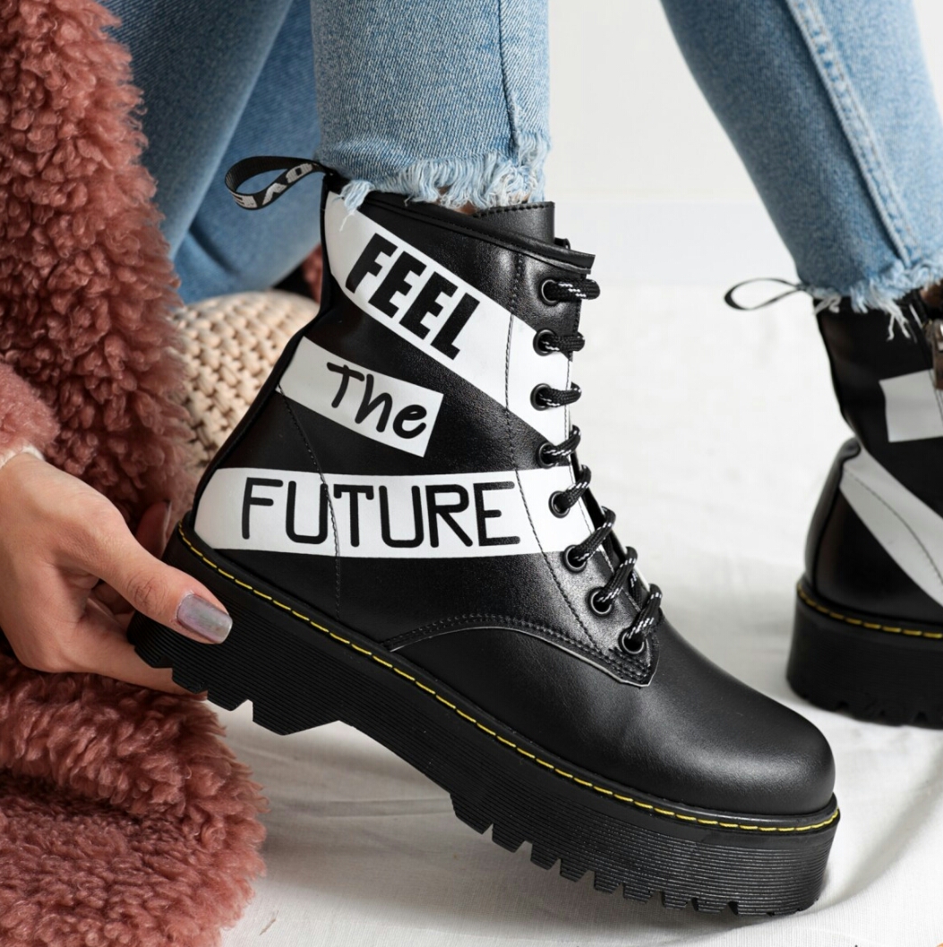 Black Feel Future Inscription High Sole Ankle Boots