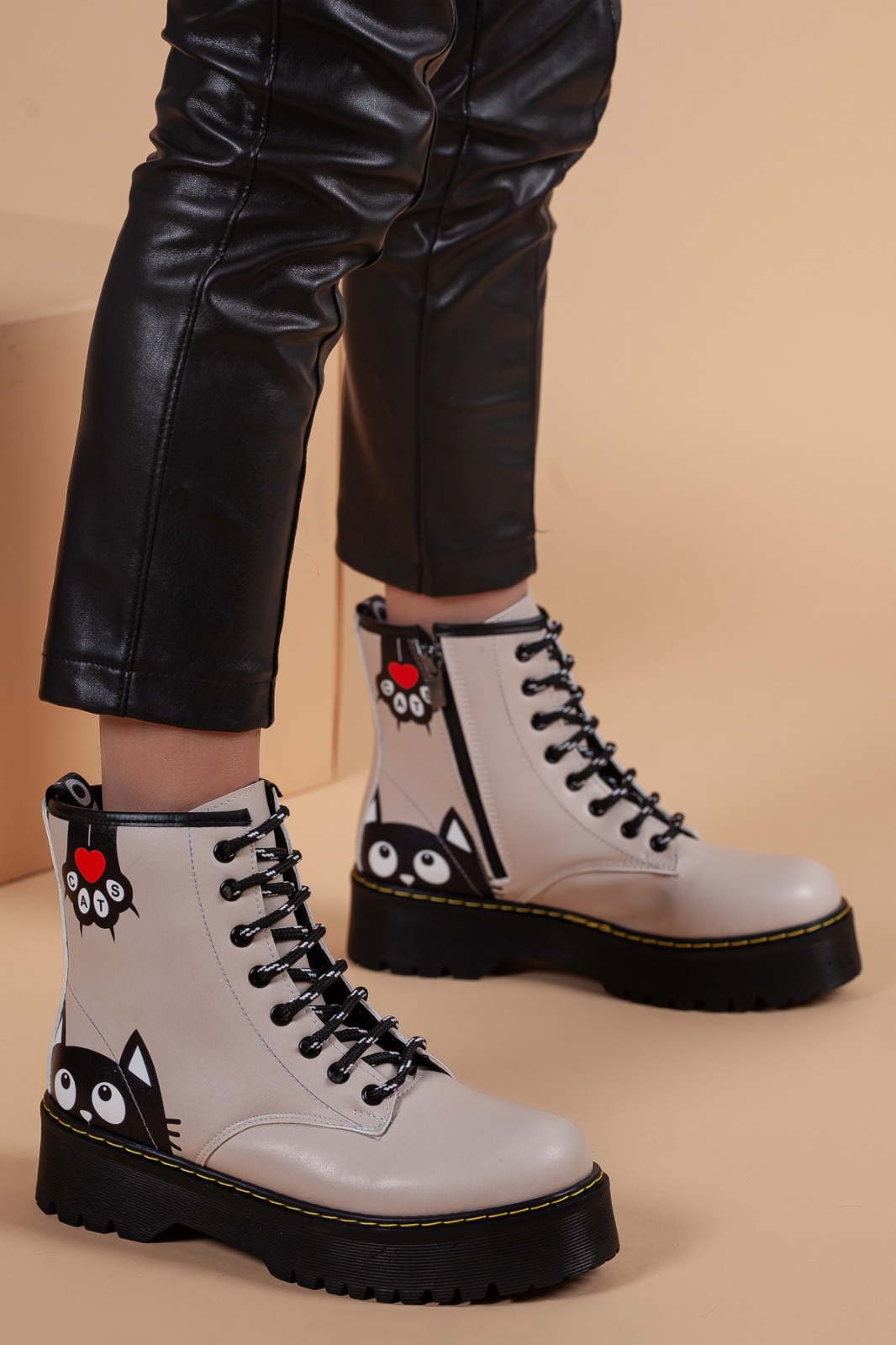 Cat Themed Lace-Up Women's Boots