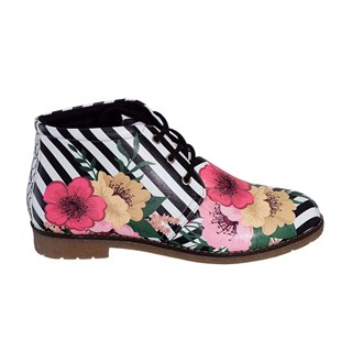 Black and White Striped Floral Patterned Women's Poppy Boots