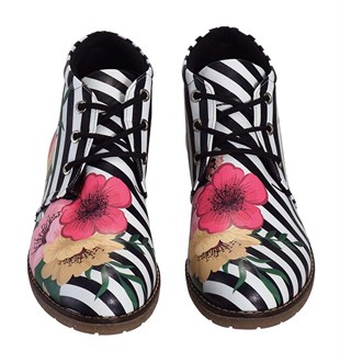 Black and White Striped Floral Patterned Women's Poppy Boots
