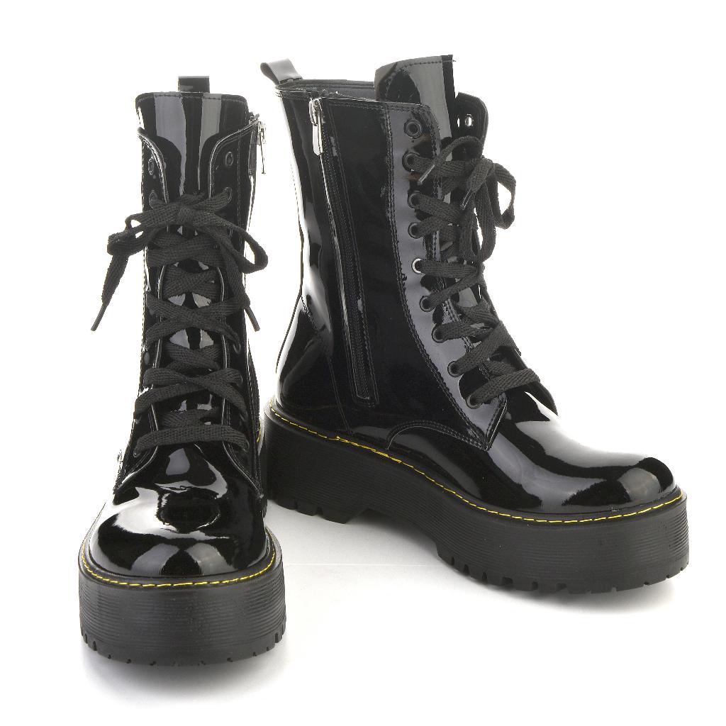 Black High Soled Patent Leather Lace-up Zippered Women's Boots 6010