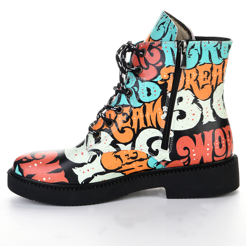 women's lace-up ankle boots with colorful text pattern