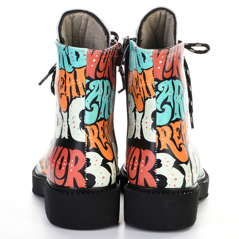 women's lace-up ankle boots with colorful text pattern