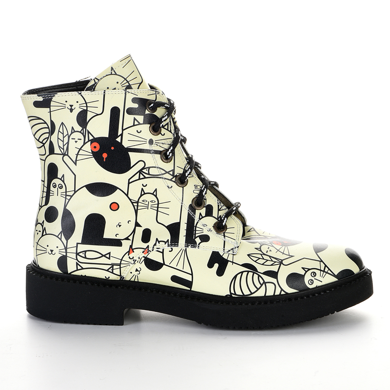 cream-colored cat-patterned lace-up boots