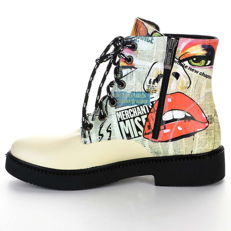 cream colored red lip pattern women's boots