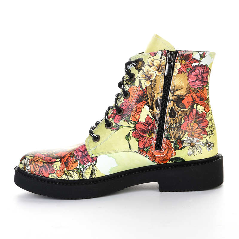 skull print women's lace-up boots