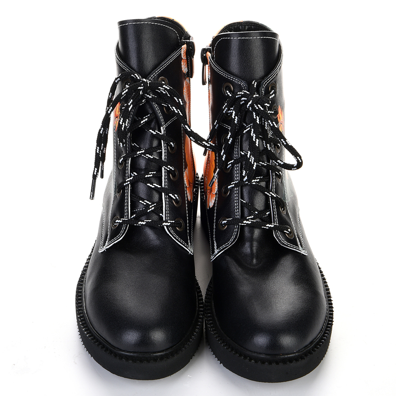 black orange floral print women's lace-up ankle boots