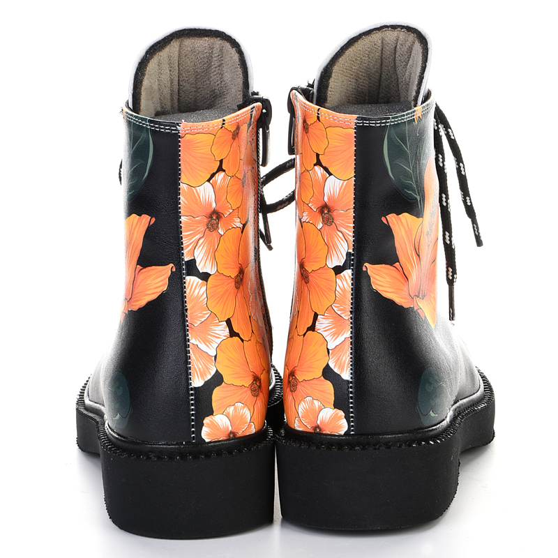 black orange floral print women's lace-up ankle boots