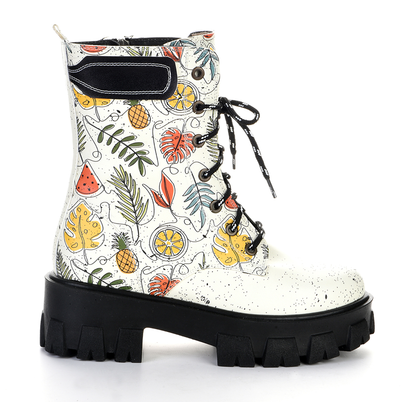 white patterned high sole lace up boot