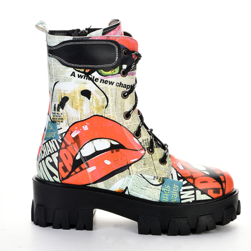 Colorful patterned women's high-soled lace-up boots