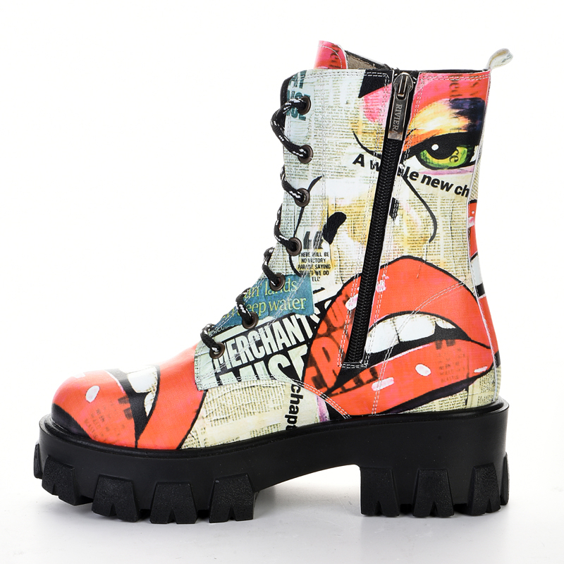 Colorful patterned women's high-soled lace-up boots