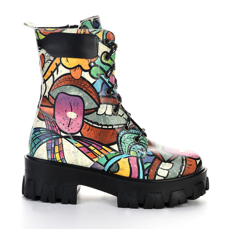 Colorful patterned high-sole lace-up boots