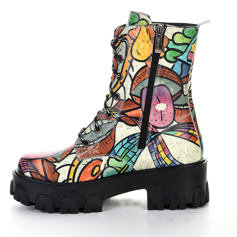 Colorful patterned high-sole lace-up boots