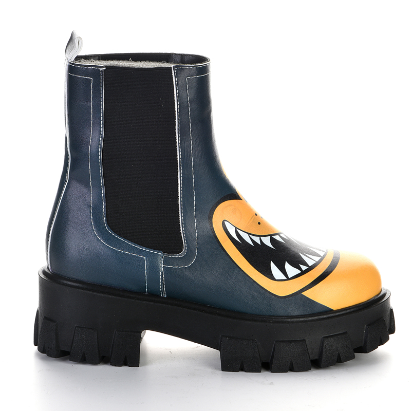 Navy Blue Orange Dog Patterned High Heel Boots