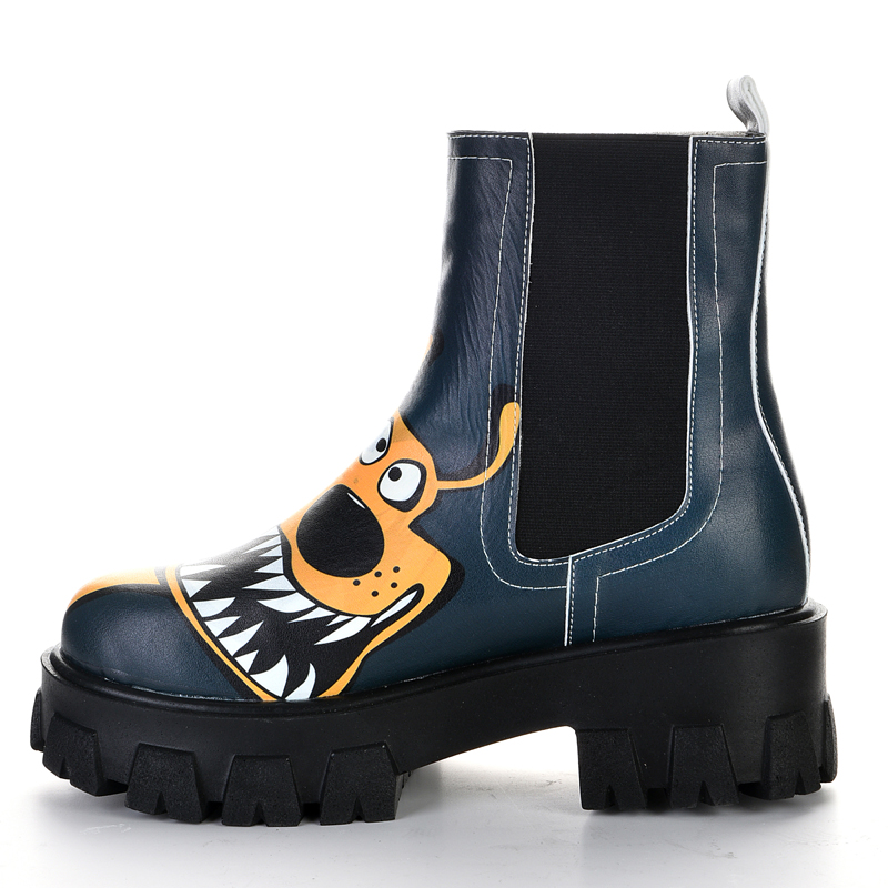 Navy Blue Orange Dog Patterned High Heel Boots