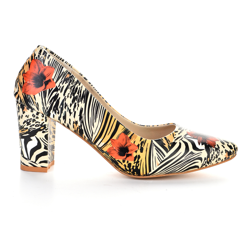 Floral print women's chunky heel shoes