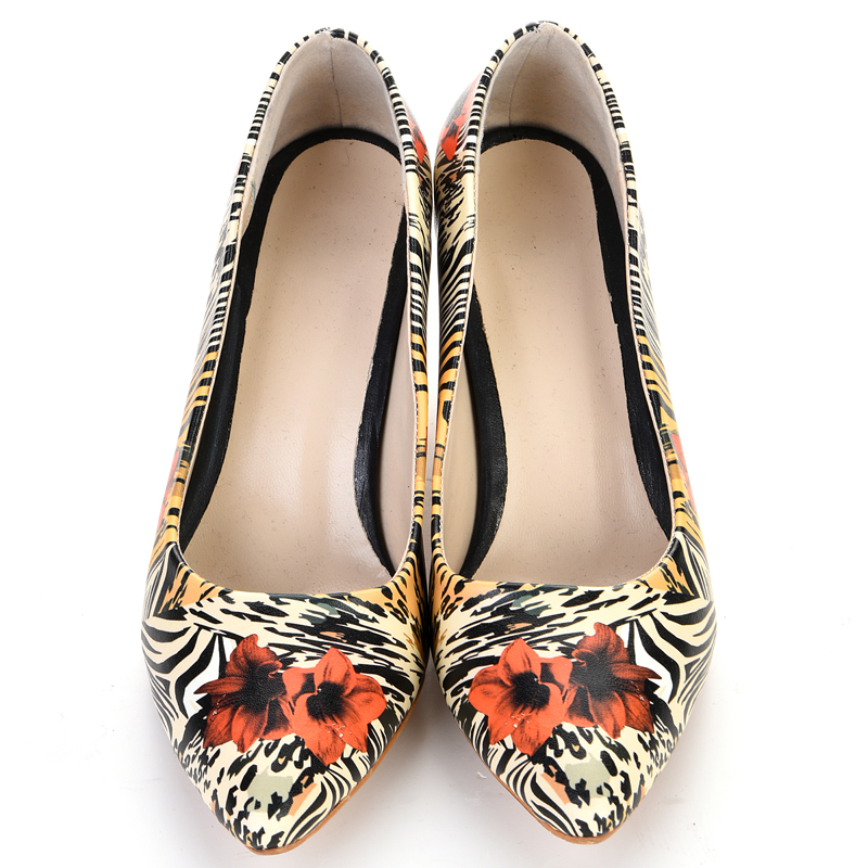 Floral print women's chunky heel shoes