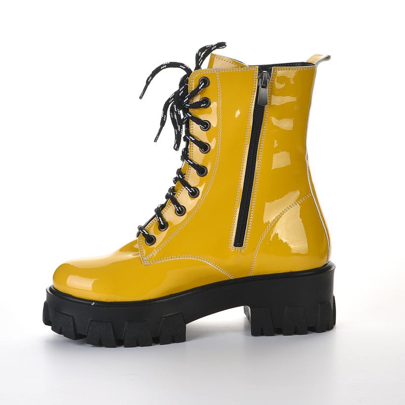 Yellow patent leather lace-up high sole boot boots