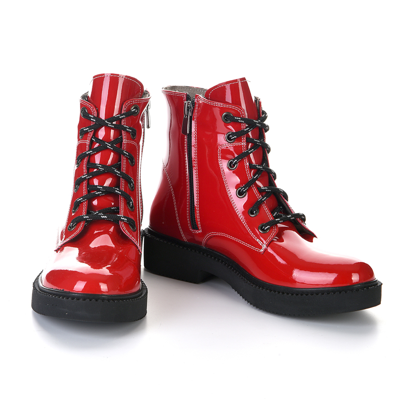 Red Patent Leather Short Lace-Up Zipper Boots