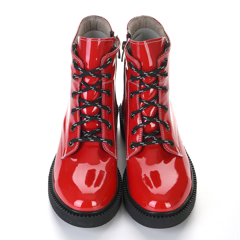 Red Patent Leather Short Lace-Up Zipper Boots