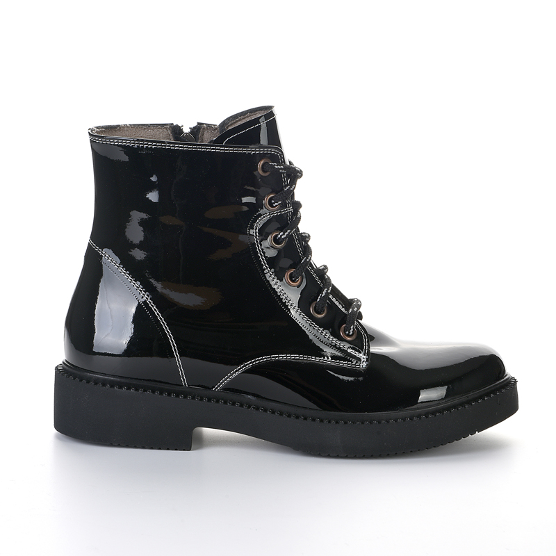 Black Patent Leather Short Lace-Up Zipper Boots
