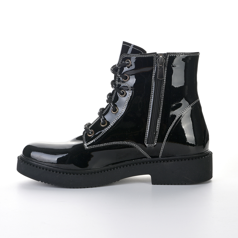 Black Patent Leather Short Lace-Up Zipper Boots