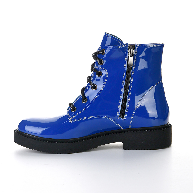 Blue short patent leather lace-up boots