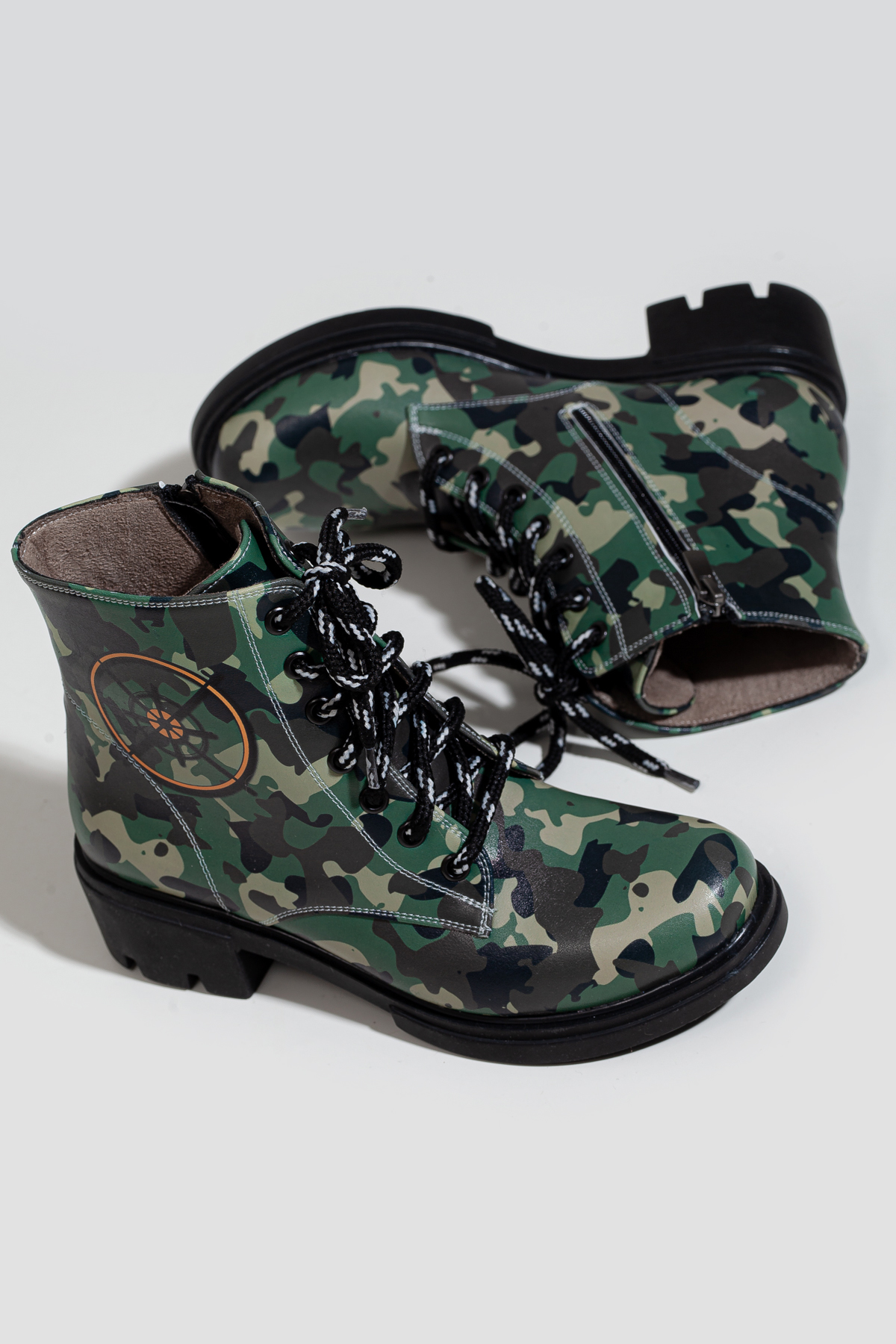 Camouflage patterned heeled boots