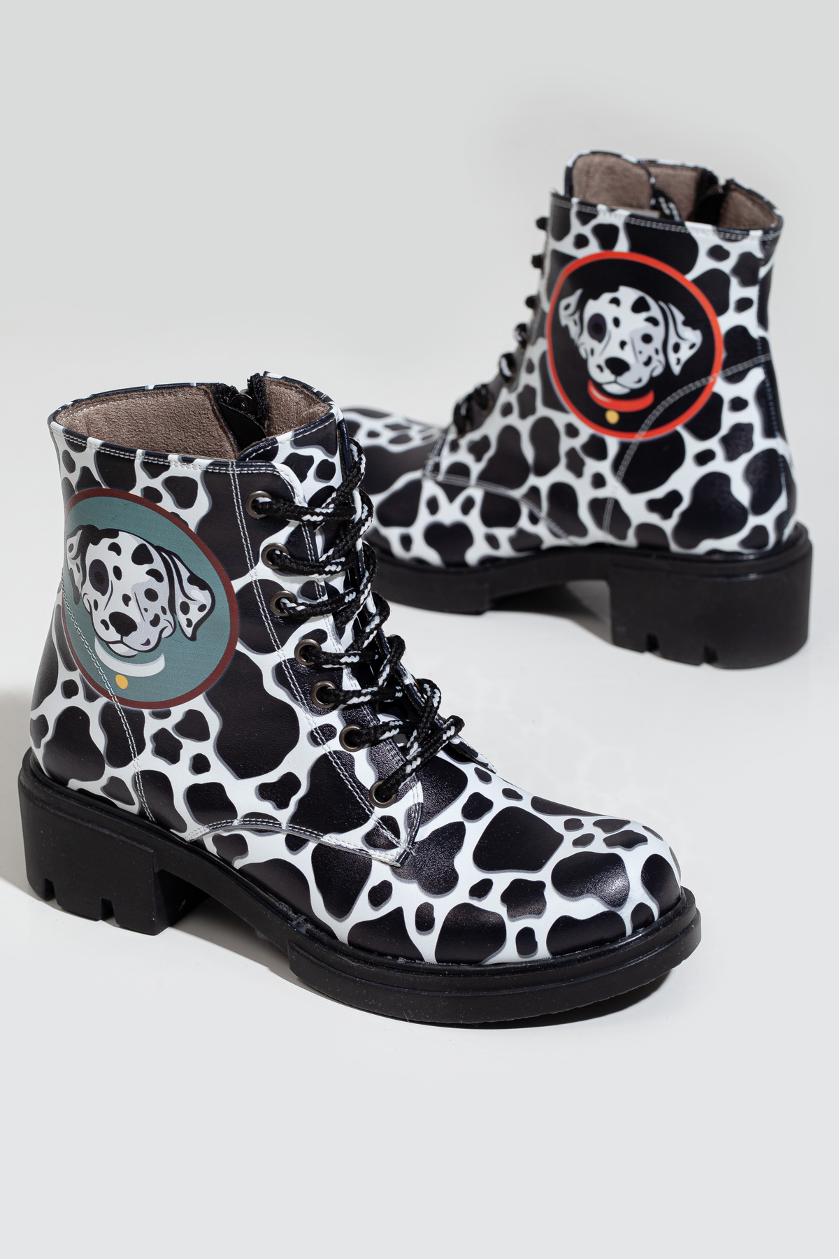 Black and white dalmatian dog print boots
