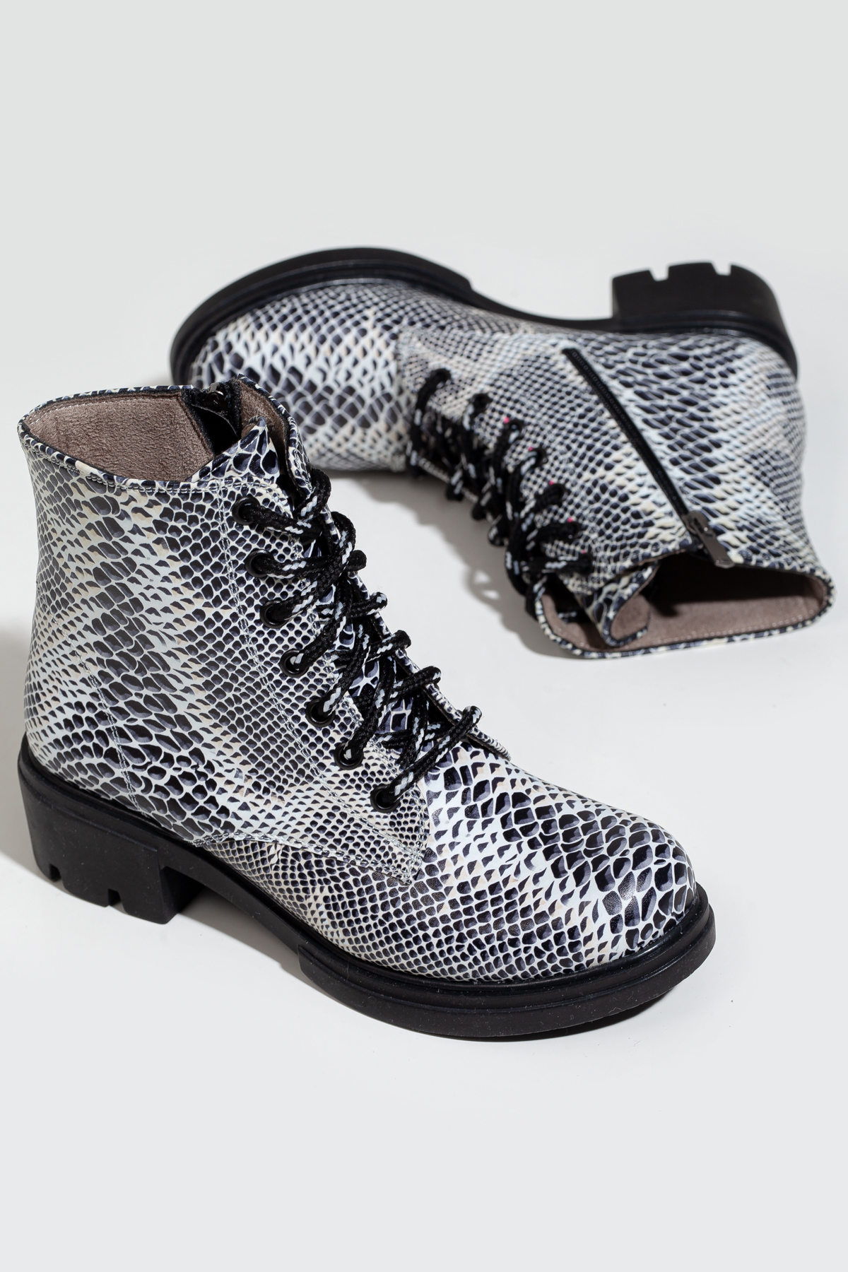 Snake print chunky heel boots